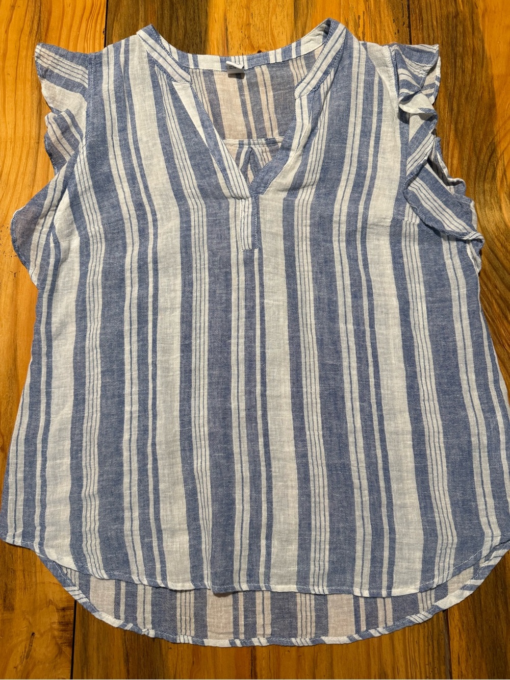 Old Navy Blue and White Striped Ruffle Sleeve Linen Blend Women’s Top, Medium